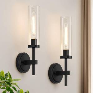 lot 6004 image: Hardwired Wall Sconces Set of Two, Matte Black Bathroom Sconces with Clear Glass, Modern Wall Light Fixtures for Bathroom Mirror Vanity, Living Room, Bedroom, Hallway, Stairway, Cabinet, Foyer