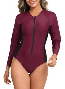 lot 6424 image: Halcurt Womenfts One Piece Rash Guard with Built in Bra UPF50 Zip Long Sleeve Surfing Athletic Swimsuit Burgundy Black M