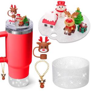 lot 6439 image: Mity rain Cup Accessories for Stanley Cup 30oz 40oz,Including Boot, Silicone Straw Topper Cover Cap, Lid Charms for H2.0 Tumbler Accesorios (Christmas Deer) (40OZ)