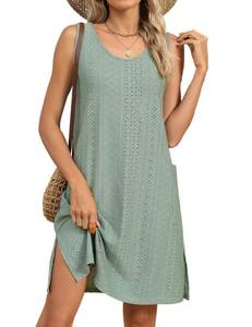 lot 6446 image: Woitury Vacation Dresses for Women Summer 2025 Casual A Line Sleeveless Tank Dress Pockets Swim Coverup Green M