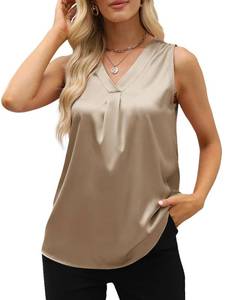 lot 6472 image: Womens Silk Tank Tops V Neck Satin Casual Cami Sleeveless Camisole Blouses Summer Shirt Khaki Large