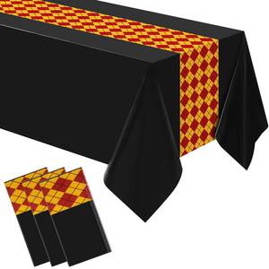 lot 6482 image: Oudain 3 Pcs 3 Pcs Wizard Tablecloth 54 x 108 Inches Plastic Black Table Cover Red Golden Tablecloth Disposable Magical Party Supplies for Halloween Witch Birthday Party Decoration (Rhombus)