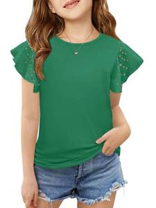 lot 6494 image: ZDC Girls Ruffle Sleeve T Shirts Summer Crewneck Eyelet Tee Short Sleeve Tops Casual Cute Blouse 5-14 Years Green