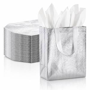 lot 7043 image: Elsjoy 40 Pack Reusable Glossy Gift Bags with Handles, Silver Metallic Party Favor Bags for Goodie, Birthday Party, Wedding