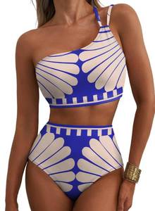 lot 8331 image: Herseas Women One Shoulder 2 Piece Bikini Sets Summer 2026 High Waisted Tummy Control Supportive Adjustable Spaghetti Straps Bathing Suits Swim Beach Resort Wear Blue Scallop Print X-Large