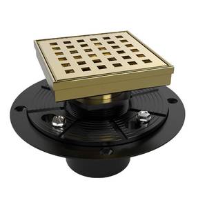 lot 11512 image: WEBANG 4 Inch Square Shower Drain Gold Floor Drain with Flange Square Holes Pattern Cover Grate Removable SUS304 Stainless Steel WatermarkandCUPC Certified Brushed Gold (Used)