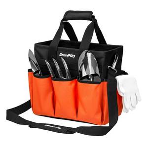 lot 11526 image: GRENPRO Garden Tool Bag Organizer, Heavy Duty Gardening Tote Toolbox with 10 Pockets, Adjustable Shoulder Strap, Standable and Foldable for Tool Storage, Home Garden Kit, Orange (Tools Not Included)