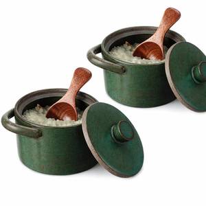 lot 11527 image: Honeydak 2 Set Speckled Ceramic Salt Cellar with Lid and Wooden Spoon, Rustic Farmhouse Salt Pepper Cellar Holder for Mothers Day, Housewarming Gift, Heavyweight Spices Jar (Green)