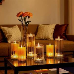 lot 11528 image: yshengood 6 Pcs Glass Hurricane Candle Holder Ribbed Glass Candle Holder - Elegant and Easy to Use, Perfect for Wedding, Holiday, Party Decor, Home and Event Essential