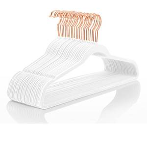 lot 11534 image: MIZGI Premium Velvet Hangers (50 Pack) Heavy Duty - Non Slip Felt Hangers - White - Rose Gold Swivel Hooks,Space Saving Clothes Hanger,Durable Strong Hanger for Suits,Coats,Dress