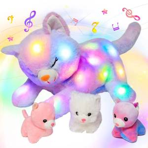 lot 11541 image: Hopearl LED Musical Stuffed Cat Lighting Up Singing Plush Toy Playset Mommy Cat with 3 Baby Kittens in her Tummy Lullaby Animated Soothe for Mom Kids Toddler Girls, Rainbow, 18ftft