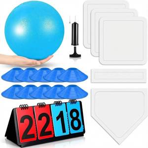 lot 11546 image: Jenaai 18 Pcs Sports Kickball Set Includes Playground Ball 5 Rubber Bases Ball Pump Scoreboard Net Bag 10 Foul Line Cones for Adults Playground Backyard Game(10 Inch,Blue)