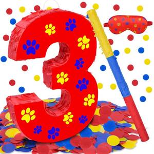 lot 11548 image: Dog Paw 3rd Birthday Decorations, Dog Paw Printing Number 3 Piata with Blindfold Stick and Confetti for Red Dog Paw Birthday Party Supplies (red dog paw 3rd)