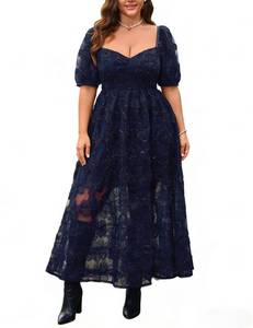 lot 11553 image: Plus Size Long Formal Dresses for Curvy Women Navy Dresses for Wedding Guest - Tea Garden Party Mother of Bride Dresses - Boho Sundress