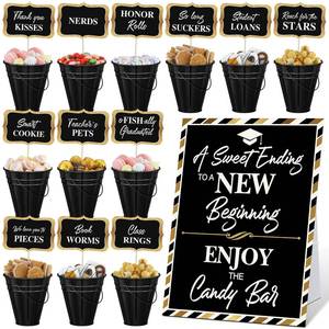 lot 11555 image: 25 Pcs Graduation Candy Buffet Party Decoration Graduation Table Candy Bar Snack Labels Signs and 5ftft Buckets with Handle for Class of 2026 High School College(Pure Style,Black) (Used)