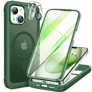 lot 12081 image: Miracase Glass Series for iPhone 15 Case Compatible with MagSafe Full-Body Magnetic Case with Built-in 9H Tempered Glass Anti-Fingerprint Screen Protector  Camera Lens Protector, Matte Green