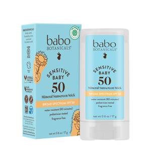 lot 12102 image: Babo Botanicals Sensitive Baby Mineral Sunscreen Stick SPF 50 - 70percent Organic Ingredients - Zinc Oxide - NSF and MADE SAFE and EWG Certified - Water Resistant - Fragrance-Free - Babies and Kids