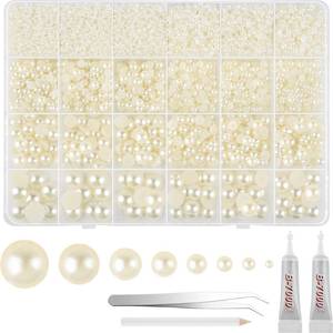 lot 12105 image: NEBURORA 13000 Pcs Ivory White Flat Back Pearl Kit 8 Sizes with Tweezer and Picker Pencil Beige Half Round Flatback Pearls Beads for DIY Crafts Nails Makeup Clothes