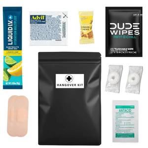 lot 12132 image: Real Vitamins 1 Pre-Filled Hangover Kit for Bachelor Party Favors, 21st Birthday Gift, Wedding Favors, Guys Trips, Cruises and Celebrations  9 Piece Hangover Supplies and Bag (1 Kit)