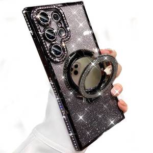 lot 12151 image: AuroiCCY for Samsung Galaxy S24 Ultra Glitter Kickstand Case, Compatible with MagSafe Girl Woman Makeup Mirror Cute Bling Rhinestones Cover Camera Lens Protector Ring Stand for S24 Ultra (Black)