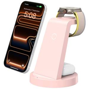 lot 12210 image: Anlmz 3 in 1 Charging Station for iPhone, Wireless Charger for iPhone 17 16e 16 15 14 13 12 11 X Pro Max and Apple Watch - Charging Stand Dock for AirPods (Pink) (No Charging Cord)