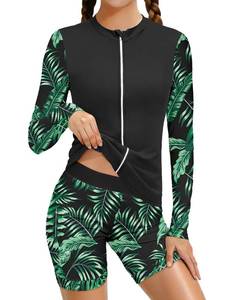 lot 12214 image: AGAPENG Girls Swimsuits Size 14-16 Rash Guard Swimsuit 2 Piece Teen Swimsuits for Girls 14-16 Long Sleeve Full Zip Swim Shirts Bathing Suits Black Green Palm Tree Boyshorts UPF 50 Beach Swimwear