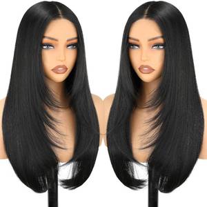 lot 12233 image: NOSTALGIA Black Wear and Go Glueless Wigs Straight Lace Front Wig Pre Cut Glueless Synthetic Layered Wig 26 Inch Middle Part Closure Wig For Women