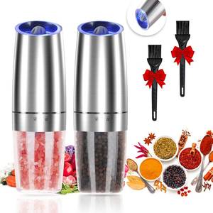 lot 12236 image: Gravity Electric Pepper and Salt Grinder Set, Adjustable Coarseness, Automatic Shakers Mill Grinder with LED Light, Battery Powered, Upgraded Larger Capacity, One Hand Operated (Sliver 2 Pack) (Used)