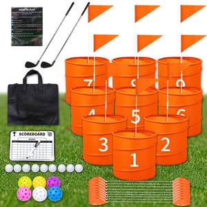 lot 13119 image: DigNew Orange 9PCS Backyard Golf Game,Set with9 Pop-Up Holes  9 Flags  18 Tee Boxes  6 Game Balls  1 Carrying Bag  9 Connecting Ropes  1 Scoreboard  2 Clubs  9 Golf Balls  1 Manual,Outdoor