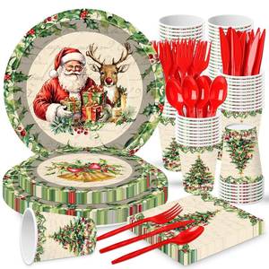 lot 14311 image: 140 Pcs Christmas Party Supplies Set, Disposable Dinnerware Set for 20 Guests Includes 7 and 9 Inch Santa and Reindeer Paper Plates, Napkins, Cups, Forks, Spoons, Knives for Holiday Tableware