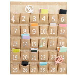 lot 14318 image: 30-Row Burlap Cell Phone Holder for Classroom  Farmhouse Designed White Numbered Hanging Pocket Organizer for Mobile Phones  Calculator Caddy  Organization (23x31 in)