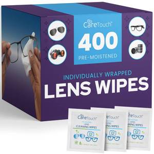 lot 14339 image: Care Touch Lens Wipes for Eyeglasses- 400 Count Individually Wrapped Pre- Moistened Wipes, 5 x 6 Inch- Camera Lens, Sunglasses and Glasses Cleaner,- Gentle and Portable for Cleaning of Optical Devices