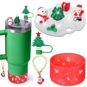 lot 14366 image: Mity rain Cup Accessories for Stanley Cup 30oz 40oz,Including Boot, Silicone Straw Topper Cover Cap, Lid Charms for H2.0 Tumbler Accesorios (Christmas) (30OZ)