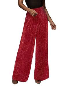 lot 14382 image: Women Wide Leg Metallic Pants Elastic Waist Long Palazzo Sparkle Pant Red L