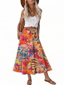 lot 14385 image: Magritta Elegant High Waist Tie A-Line Skirt Bohemian Summer Casual Maxi Dress Orange Flower Large Size