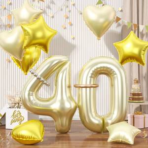 lot 14395 image: Champagne Gold Number 40 Balloons, 40 Light Gold Balloons, Number 40 Balloons Set, Gold Foil Star Heart Balloon With Long Balloon For 40th Birthday Party Anniversary 1st 4th Baby Shower Decorations