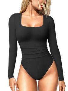 lot 14402 image: OQQ Womenfts Bodysuits Ruched Long Sleeve Square Neck Lounge Stretch Travel Bodysuits Black Large