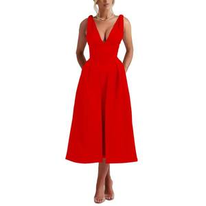 lot 14405 image: Womens Flared Midi Dress Sleeveless Tank V Neck Tea Party A-Line Maxi Club Cocktail Dresses Sexy Sundresses Red S