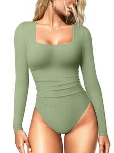 lot 14407 image: OQQ Womenfts Bodysuits Ruched Long Sleeve Square Neck Lounge Stretch Travel Bodysuits Pea green