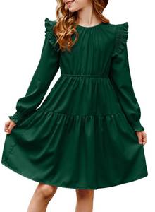 lot 14421 image: DOKOTOO KIDS Tween Girls Dresses Cute Fall Dress Smocked Spring Long Sleeves Ruffle Puff Shirred Elegant Dress 2025 Trendy Crew Neck Vestidos Nias Country Back to School Green 10-11 Years XL