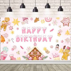 lot 14429 image: AIBIIN Christmas Gingerbread Birthday Backdrop, Winter Happy Birthday Party Decorations Snowflake Candyland Merry Xmas Party Banner Photo Shoot Props 5.9x3.6ft