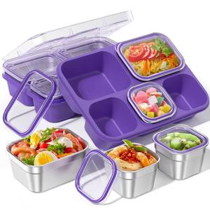 lot 19056 image: BiuLeon Snackle Box Containers, Stainless Steel 5 Compartments Divided Serving Tray with Lid, Removable LeakProof Portable Bento Box for Fruit Candy Nuts Food - School, Picnic and TravelPurple