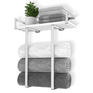 lot 19057 image: Towel Rack Wall Mounted, Xstydes Metal Towel Holder with Wooden Shelf for Folding Large Towels, Towel Storage for Small Bathroom Organizer Decor or RV Camping, Silver