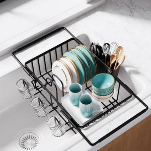 lot 19063 image: Sakugi Dish Drying Rack in Sink - Expandable Stainless Steel Dish Rack Over The Sink, Kitchen Sink Drain Strainer with Cutlery Holder and Cup Holders, 15.4 x 11.3 x 6.6 Inch, Black