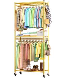 lot 19064 image: Sakugi Clothes Rack - 33.0in x 12.2in x 79.5in Clothing Rack with Shelves and Wheels, Multi-Functional Wardrobe Closet with Hooks, Sturdy Metal Garment Rack for Bedroom, Laundry, Balcony (Gold)