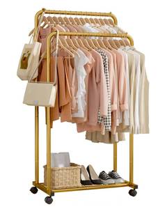 lot 19065 image: Sakugi Clothes Rack - Clothing Rack with Storage Mesh Shelf and Casters, Heavy-Duty Metal Clothing Rack for Hanging Clothes, Dresses, Coats, Large Load Capacity, Easy Assembly, Gold, 28.0inx16.0inx59.0in