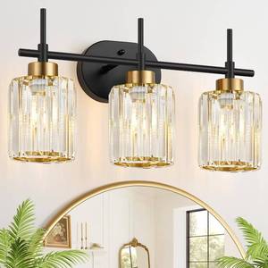 lot 19082 image: Meybiok Modern Crystal Bathroom Vanity Light, 3-Light Black and Gold Vanity Lighting Fixture with Clear K9 Crystal Shades, Adjustable UpDown Installation, E26 Base (Bulbs Not Included)