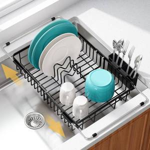 lot 19090 image: JASIWAY Black Expandable Stainless Steel Over The Sink Dish Drying Rack for Small Kitchen Counter Space Saving, Compact Plate Drainer Strainer, Adjustable Hanging Metal Dish Dryer with Utensil Holder