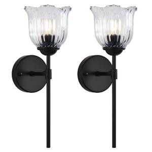lot 19092 image: Ioptang Black Wall Sconces, Farmhouse Wall Lights with Clear Glass Flower Shade, Hardwired Wall Mount Light Fixtures for Living Room, Bathroom, Bedroom, Hallway, 2 Pack