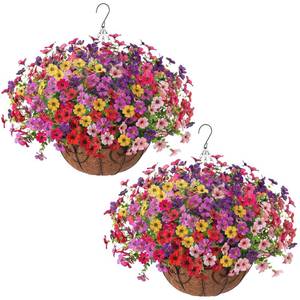 lot 19095 image: HyeFlora 2 Set Artificial Outdoor Flowers Hanging Basket, Faux Hanging Plants for Outside Spring Decoration, Fake Silk UV Resistant Look Real Daisy for Porch Patio Home Decor (1 ONLY)